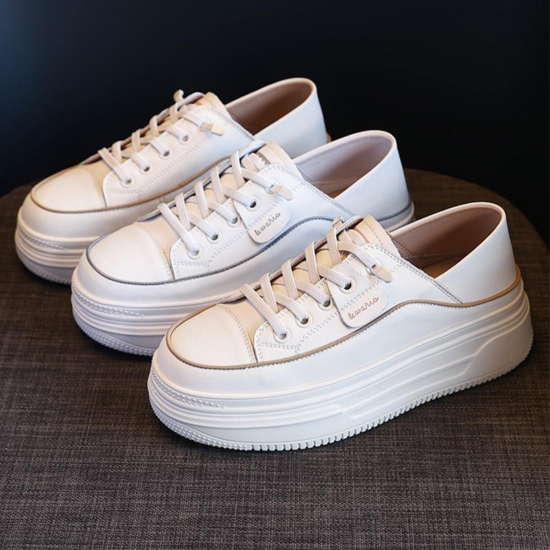 Genuine Leather Shoes Women Sneakers Flat Fashion Brand Ladies White Shoes Soft Comfortable Thick Sole 3cm