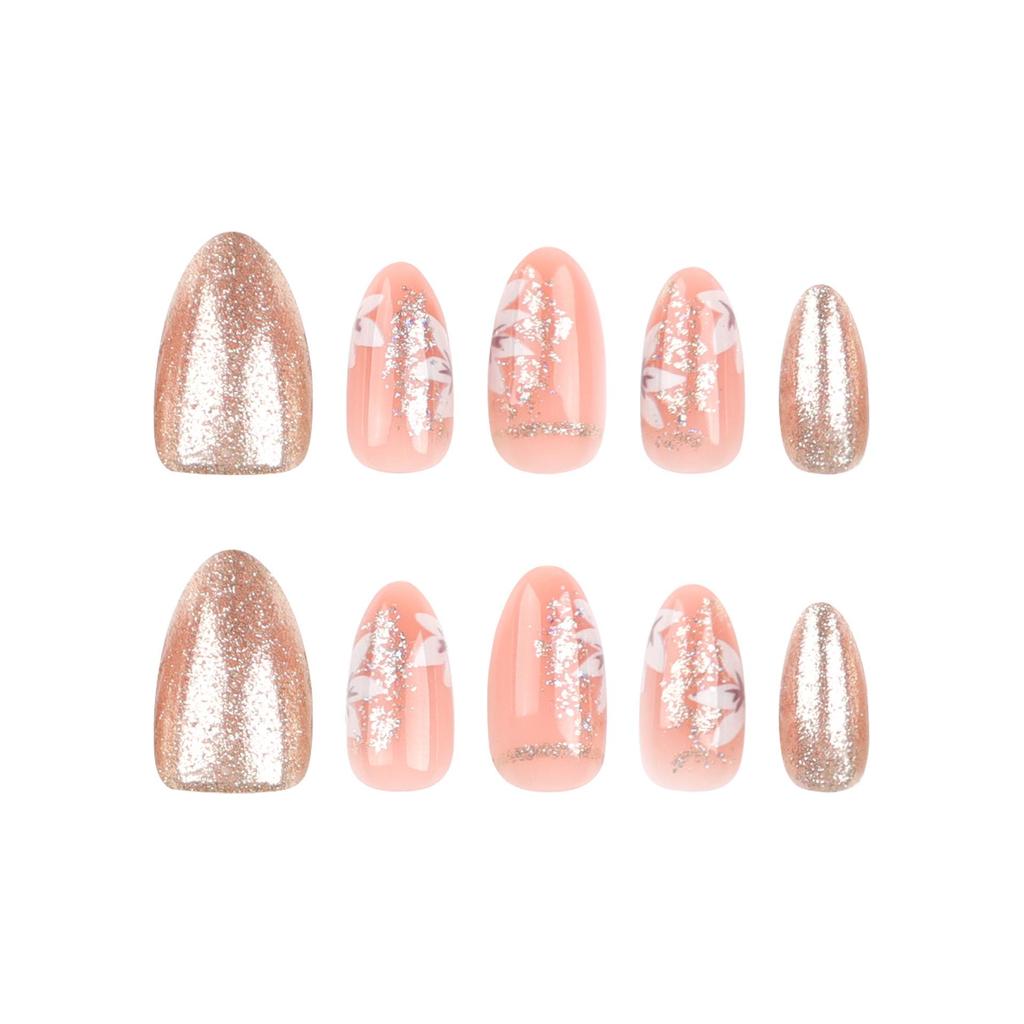 Almond-Shaped Gold Glitter Floral Press-On Nail Art Tips