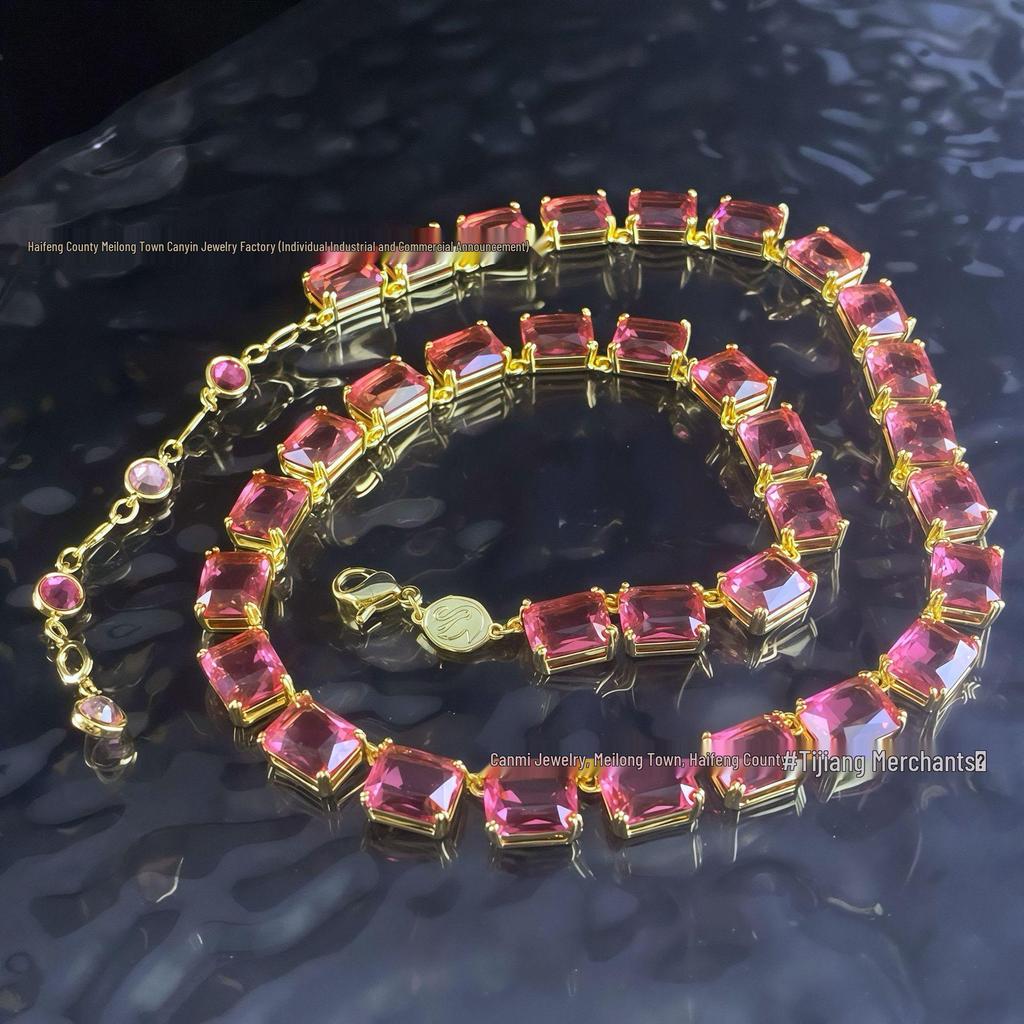 Shi Family Exquisite Purple Octagonal Rhinestone Necklace & Choker Bracelet Set