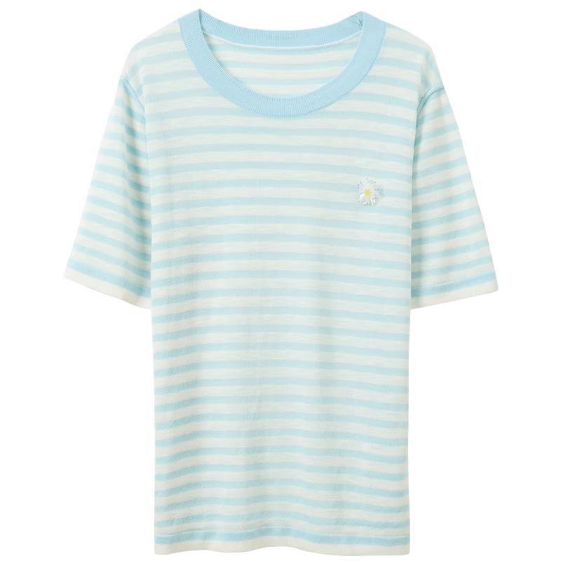 Sancai Summer Striped Color-Block Knit Short Sleeve Top