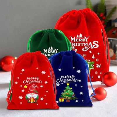6/8/12Pcs Velvet 2025 Candy Bag Red Green Drawstring Gift Bags For Party Favors Cartoon Patterned Christmas Packaging Bags