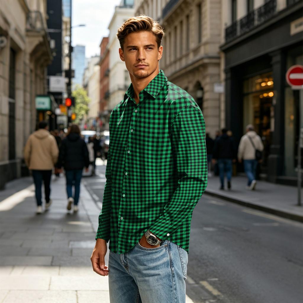 Men's Long Sleeve Plaid Shirt with Collar for Casual Daily Wear
