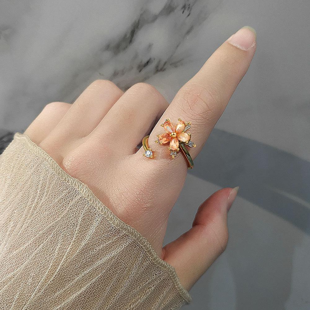 Flower Zirconia Rotating Ring With Adjustable Size For Stress Relief And Trendy Women