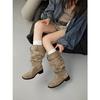 Cowhide Version But Knee Boots Women's New Thick Heel Round Head Thin Tall Knight Boots Pleated Pile Boots