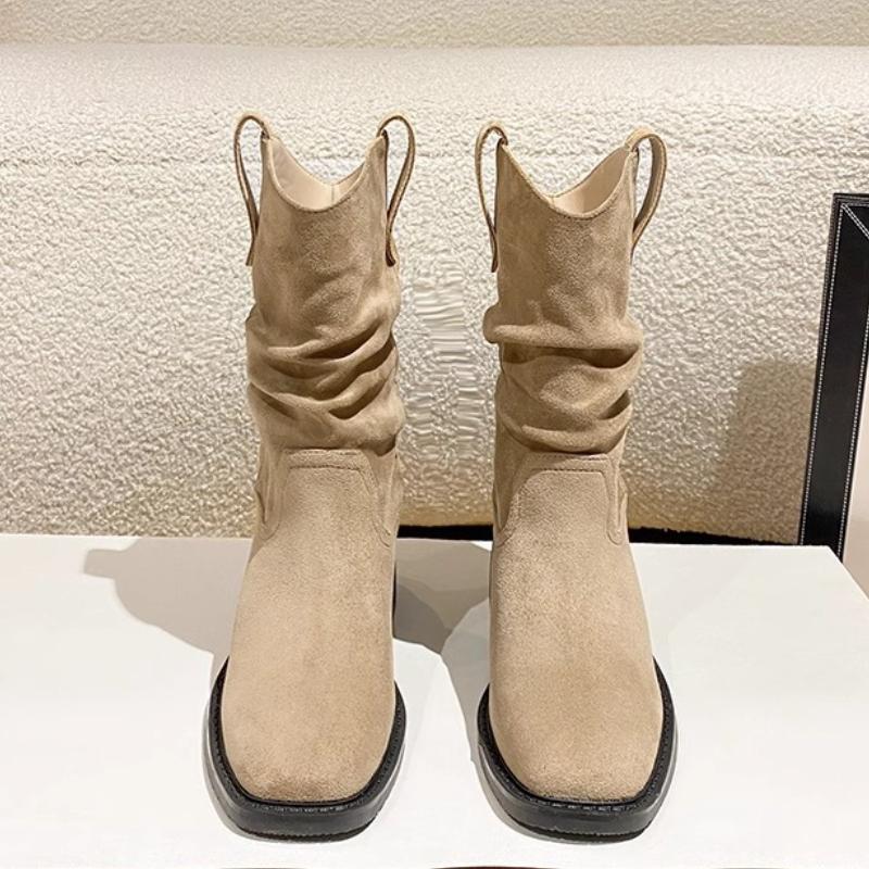 2025 Fall Luxury Square Heel Women Ankle Boots Fashion Pleated Designer High Heels New Suede Chelsea Boots Women Zapatos Mujer