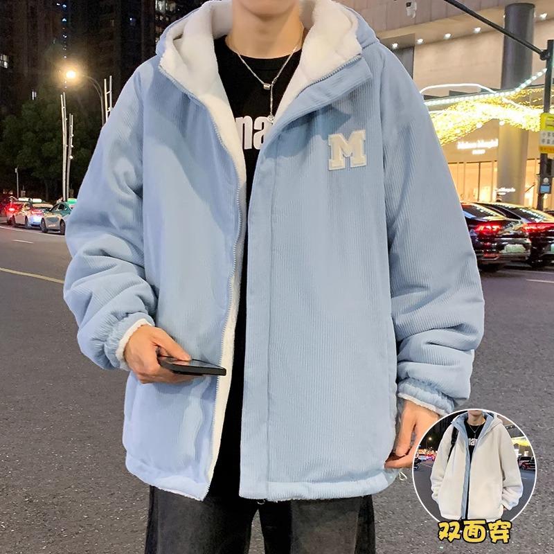 Lamb wool double-sided cotton-padded clothes, men's winter tide thickened warm and cold-proof cotton-padded clothes, new coats, cotton-padded jackets
