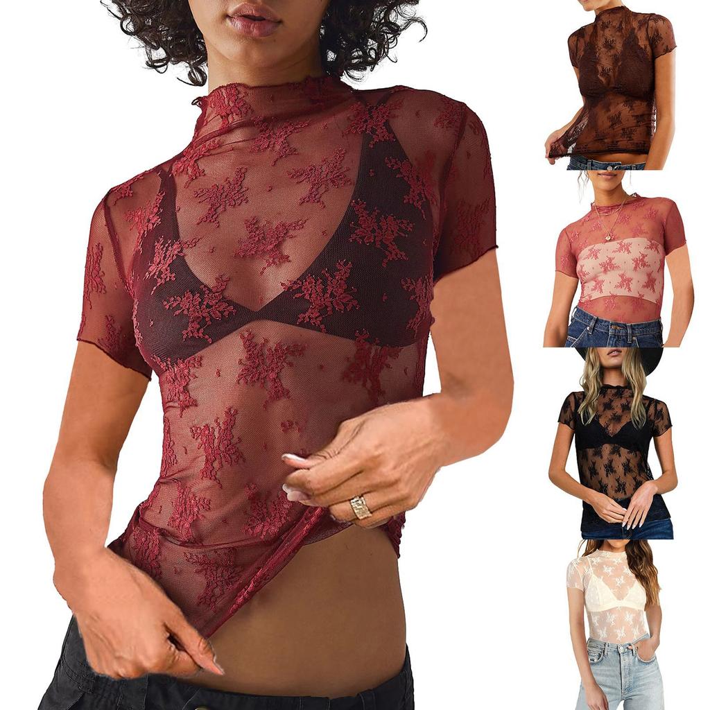 Women's Casual Solid Color Woven Semi-turtleneck Top Bottoming Shirt Sexy Long-sleeved T-shirt See-through Top