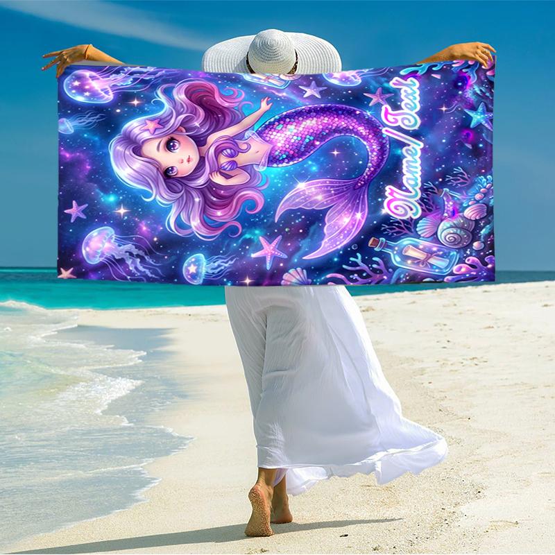 1PC Custom Name Mermaid Fantasy Underwater World Beach Towel Highly Absorbent And Sand-Resistant Towel for Swimming, Pool, Yoga, And Travel Lightweigh