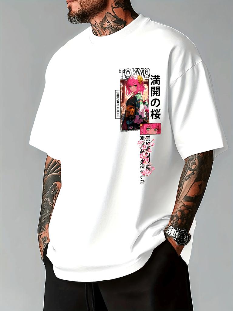 Unisex Summer Anime Print Crewneck Casual Shortsleeved Tshirt with Cherry Blossom Pattern Japanese Text Suitable for Daily Wear