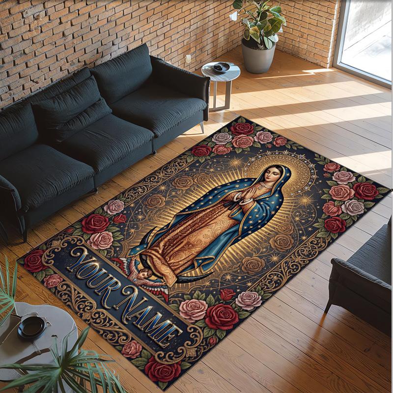 Virgin Mary Theme Crystal Velvet Rug Personalized Custom Name Text Soft Floor Mat Home Decor