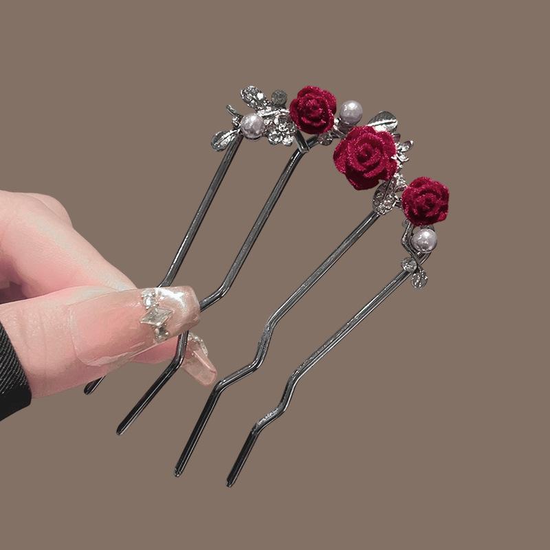 Elegant Red Rose Tassel Hairpin - U-shaped Hair Accessory for Women, Perfect for Updos and Traditional Attire.