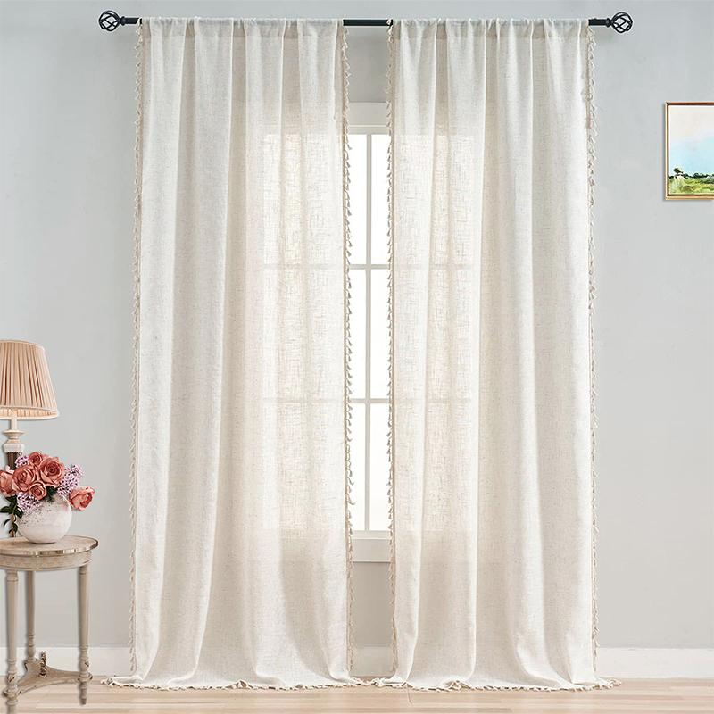 Tassel Sheer Curtains Living Room Vintage Cream Voile Net Slot Top Window Drapes