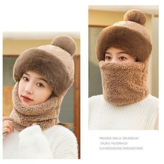 Yousheng Women Winter Hat with Integrated Scarf Cold-proof Front Cover Thick Plush Warm Full Protection Outdoor Cycling Travel Cold Weather Cap