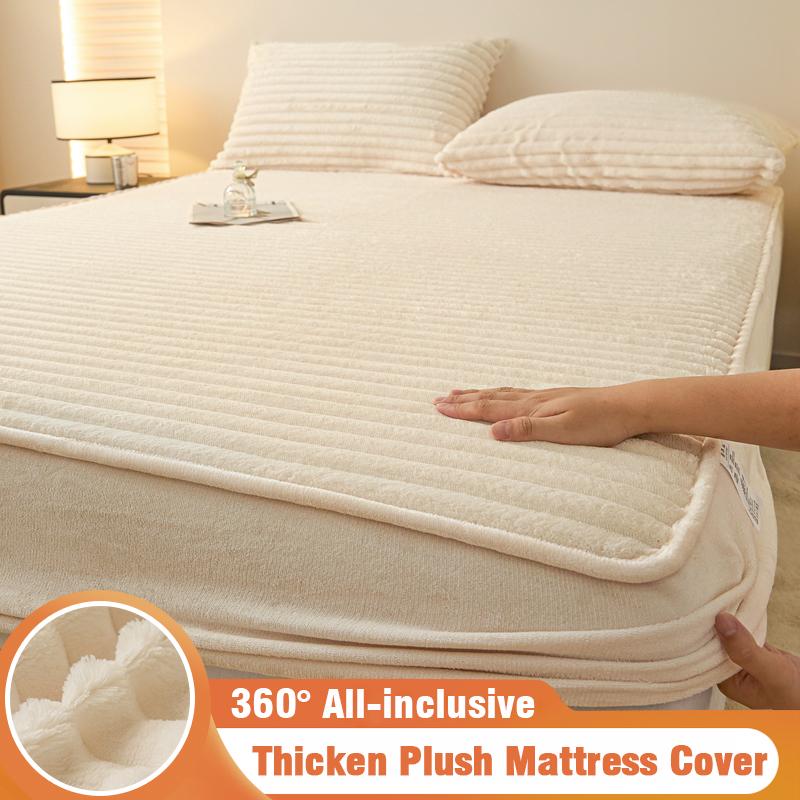 Fluffy Plush Fitted Bed Sheet with Elastic Band Solid Color Mattress Protective Cover Thick Bedspread for Single Double Bedsheet