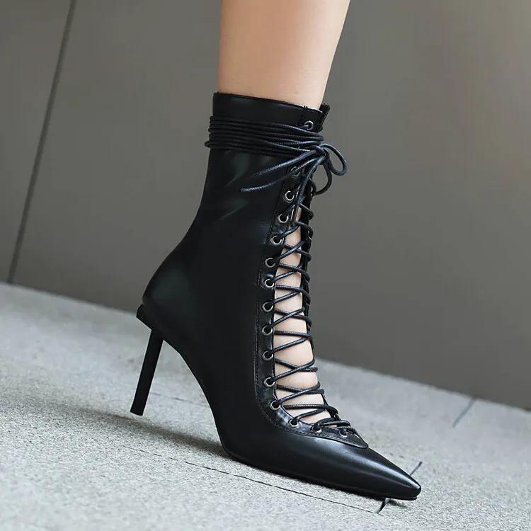 Fashion Brand Design Cross Strap Black and Red Short Boots Autumn Winter Fashion Pointed Spicy Girl Sexy Women's Ankle Boots Size 33-46