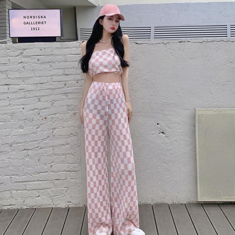 Women's Summer Plaid Two-Piece Suit: Trendy Korean Tube Top with Wide-Leg Trousers