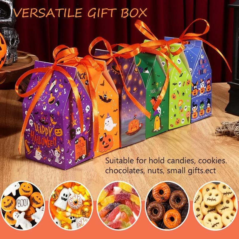 Halloween Candy Gift Boxes with Ribbon Pumpkin Ghost Witch Pattern Mini House Paper Treat Boxes Kids Party Snack Packaging Box