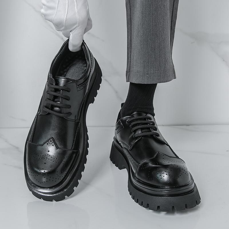 Fashion Retro Men Classic Brogue Leather Shoes Dark Brown Thick-soled Durable Lace-up Busines Office Shoes Social Shoes Men Sizes 38-46