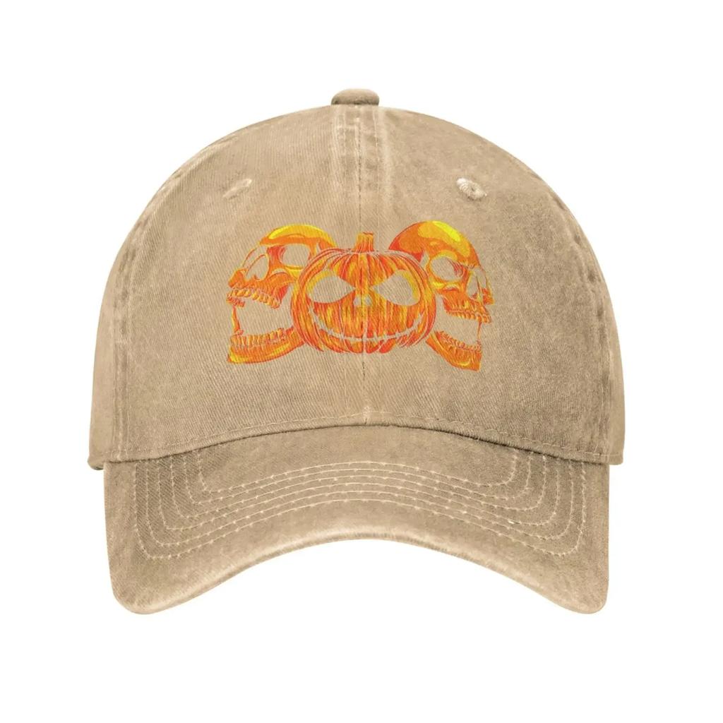 Halloween Pumpkin Skulls Adjustable Washed Denim Cotton Low Profile Trucker Hat Black Fitted Baseball Ball Cap for Men Unisex