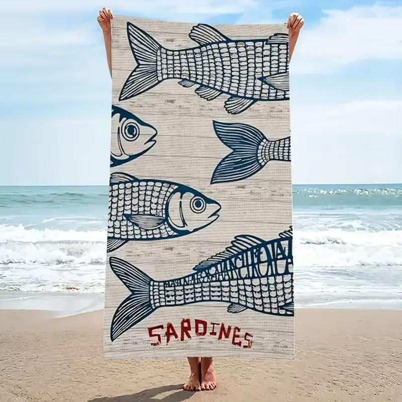 Textilien Vintage Sardines Fish Print Beach Towel Microfiber Quick Dry Absorbent Sand-Free Summer Pool Bath Towel For Beach Lovers
