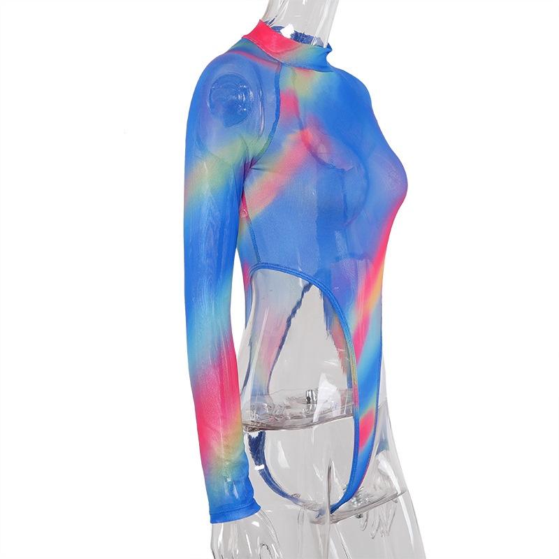 Damen Sommer Mesh Tie-Dye Langarm Slim Fit Bodysuit