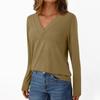 Women's Casual Fashion Brushed Solid Color Long-sleeved V-neck Top T-shirt
