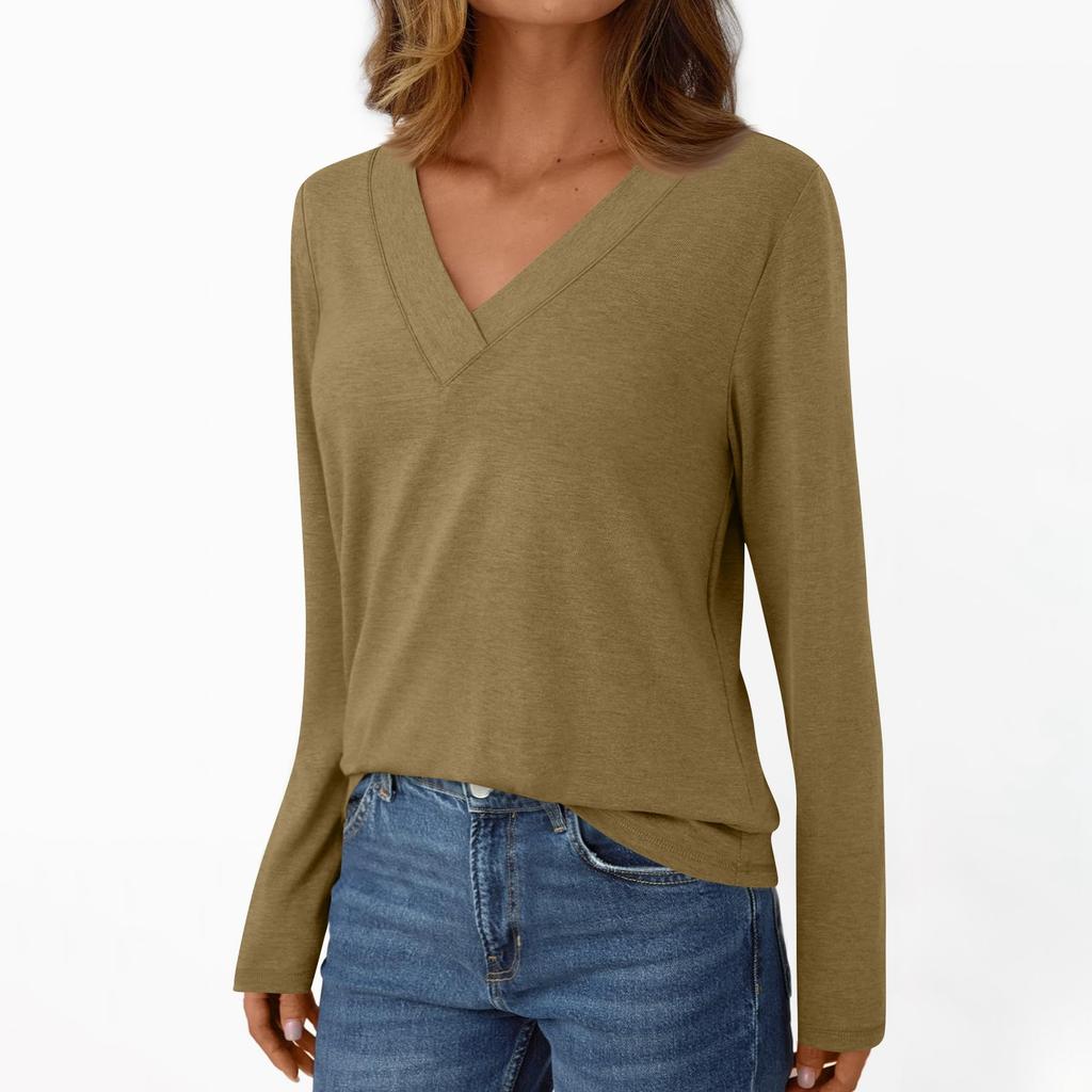 Women's Casual Fashion Brushed Solid Color Long-sleeved V-neck Top T-shirt