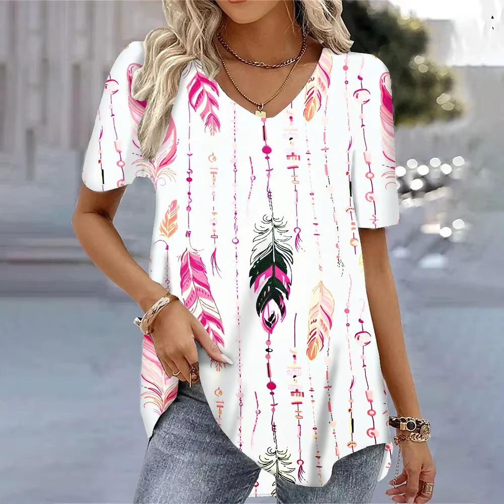 Casual Versatile Plant Pattern Short Sleeve V-Neck T-Shirts Women’s