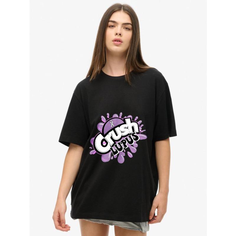 Oversize Women's Short-Sleeve T-Shirt with Pink-Purple Graffiti-Style "Crush Lupus" Lupus Awareness Ribbon Print