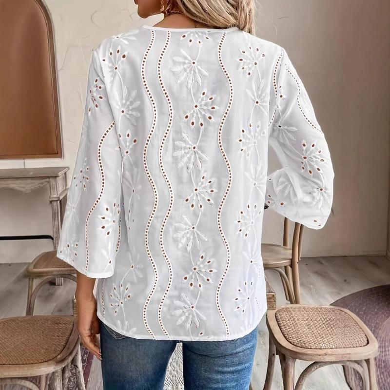 2026 Spring/Summer New Women's Loose V-neck Lace Embroidered Shirt White Top