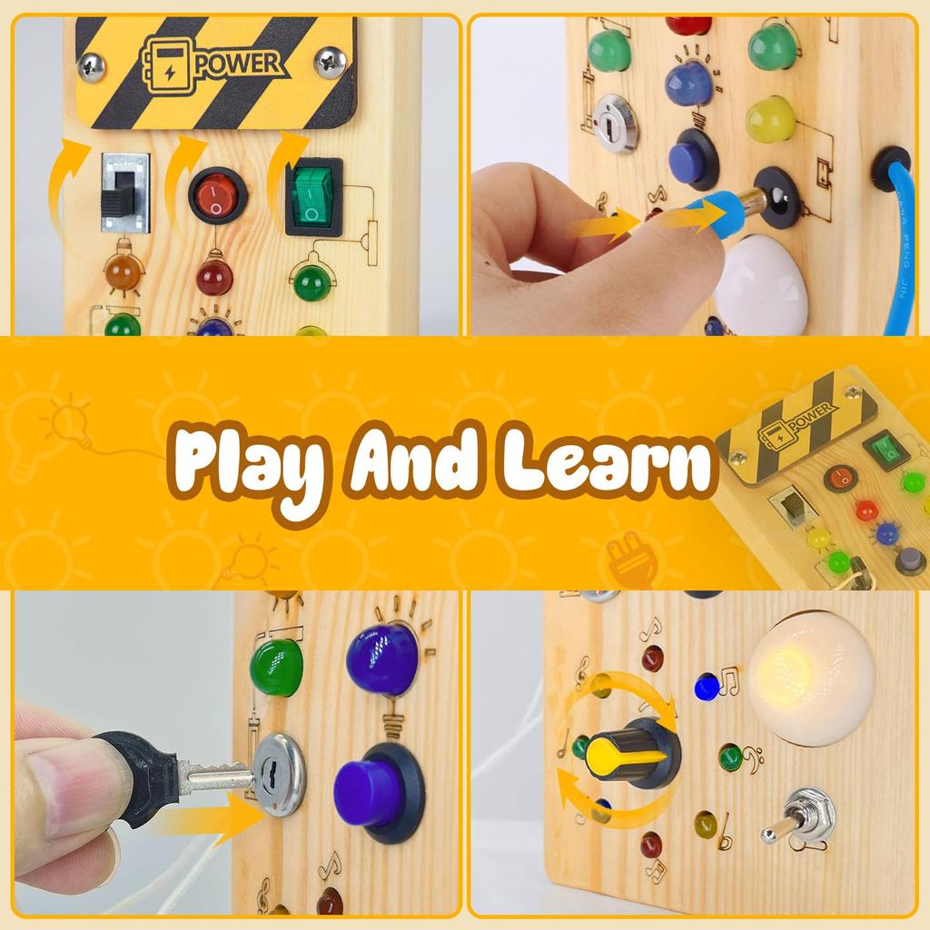 Montessori Busy Board Wooden with 8 LED Light Switches Sensory Toys Travel Toys for Babies and Toddlers Ages Toddler/Baby 1+