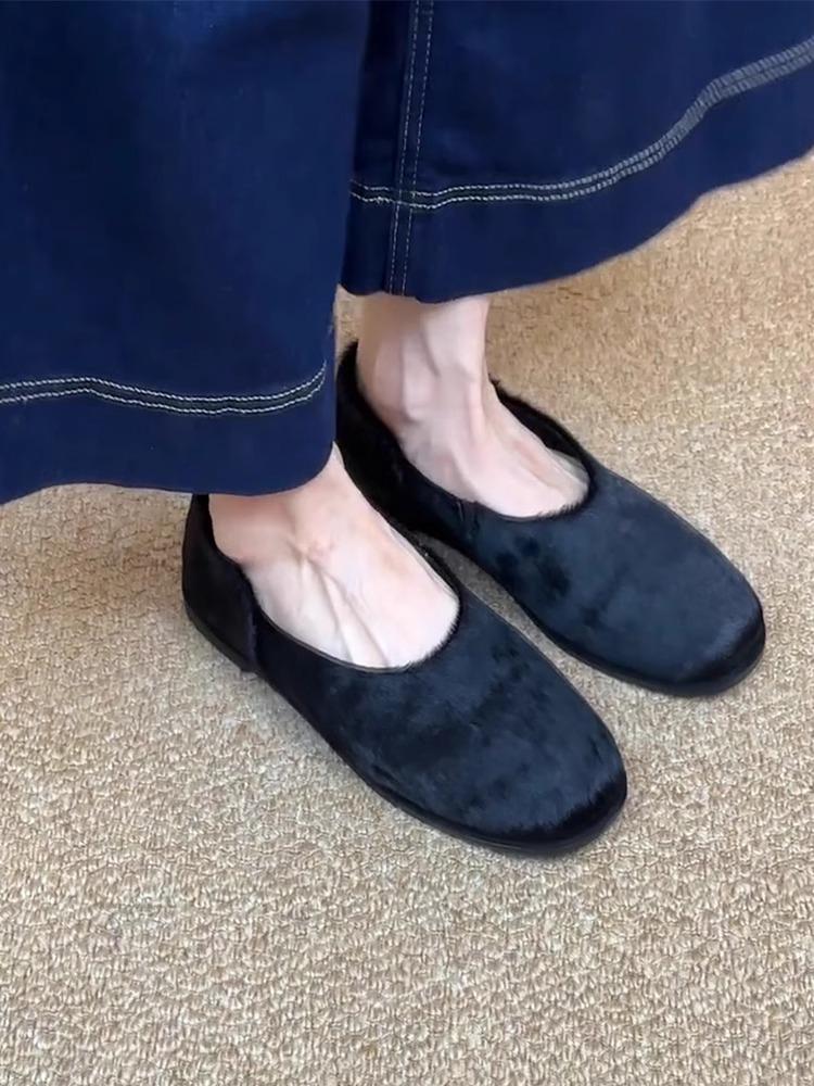 Fashion French Retro Square Toe Mules Horse hair Shoes Minimalist Slip On Flats Spring Autumn Women's Comfortable Loafers Mix Orders