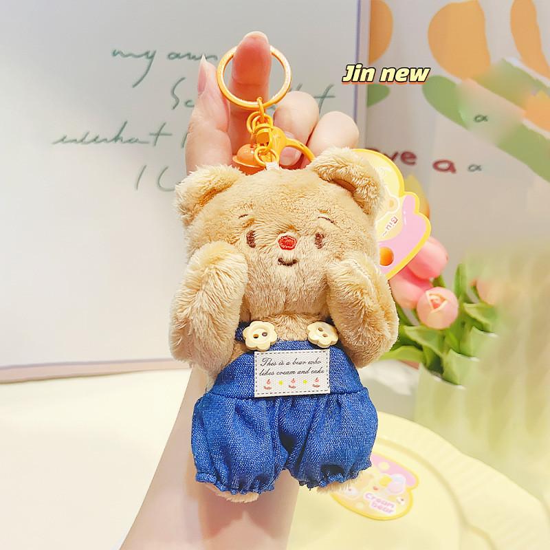Adorable Cream Bear Plush Keychain With Denim Overalls Perfect Gift Kids For