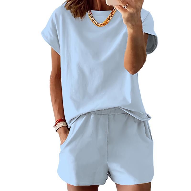 Spring/Summer Solid Color Multi-Color Choice Short-Sleeved T-Shirt + Shorts Set Women'S Casual Comfortable Two-Piece