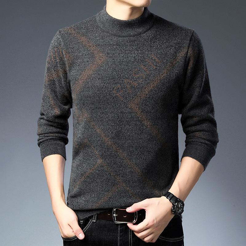 Men's Knit Striped Round Neck Sweater – Thickened Plus Velvet Base Layer for Autumn/Winter