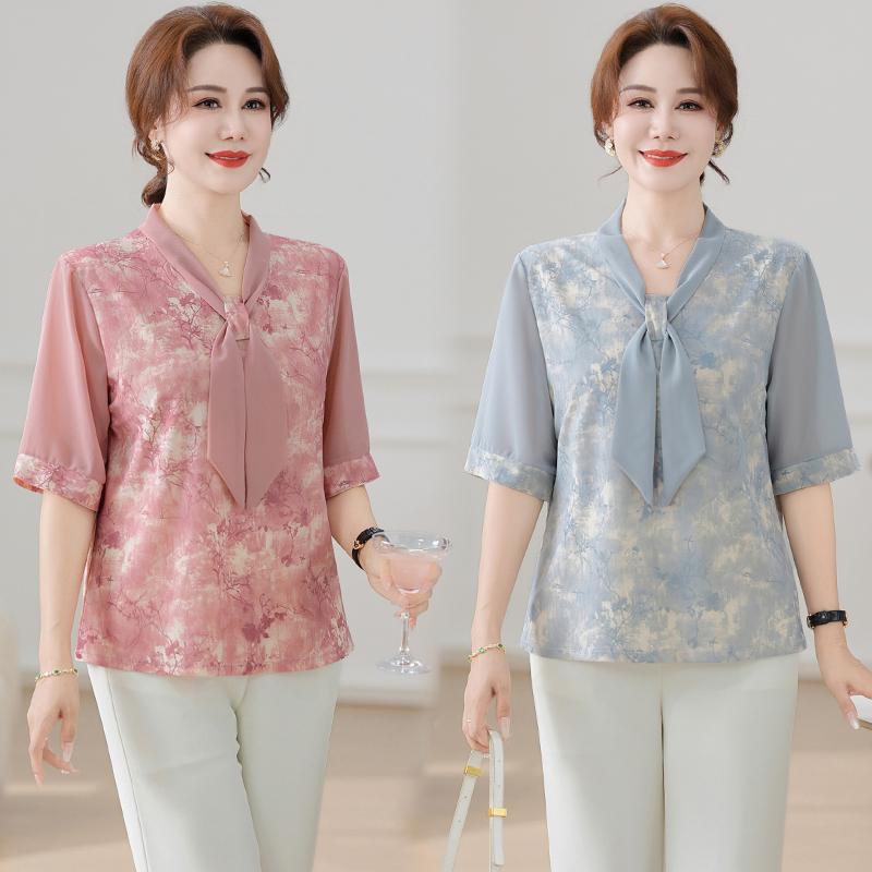 Plus Loose Blouse Tie T-shirt Tops Middle-aged Mom Summer Shirt Casual Forest Style Cool Plus Size Temperament Clothing