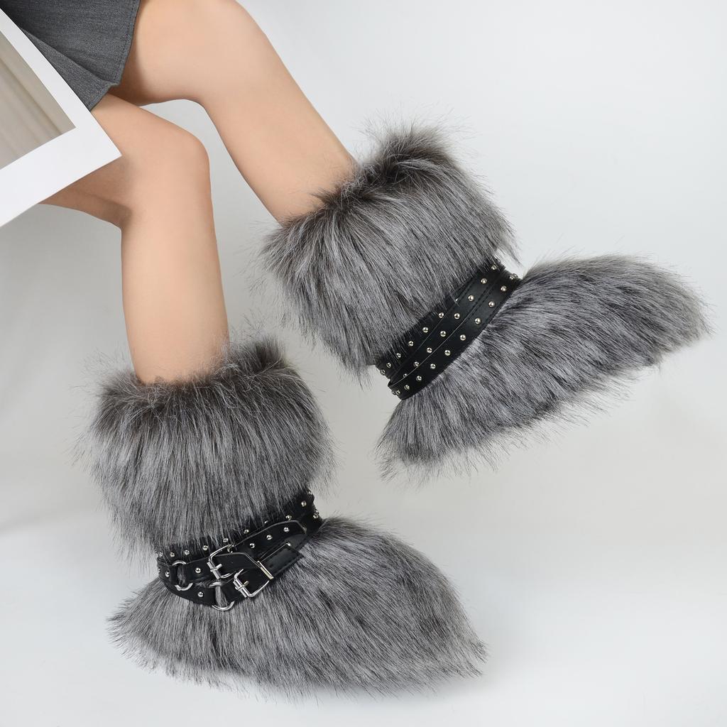 Women's Faux Fur Snow Boot Winter Warm Fluffy Furry Ankle Boots for Women Outdoor Fuzzy Mid-Calf Booties Plush Warm Snow Shoes for Outdoor Indoor