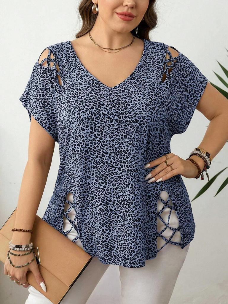 Plus Size Leopard Print V-neck Short Sleeve Loose Women's T-shirt (European & American Fashion)