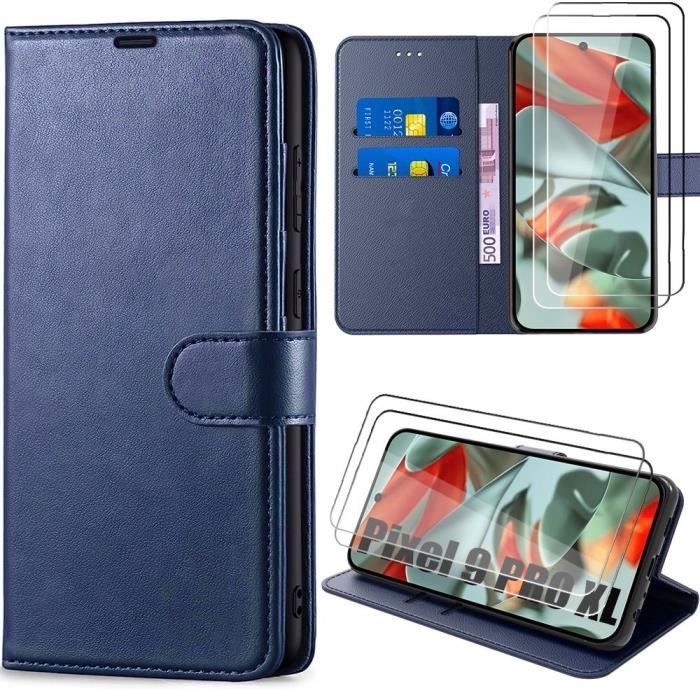 Coque + 2 Verres Trempés pour Google Pixel 9 Pro XL, Anti-Rayures Porte-Carte Synthécuir Souple - Bleu Marine