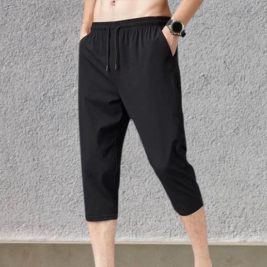 Men Sweatpants Solid Color Soft Fabric Drawstring Ankle-banded Stretchy Waist Cropped Trousers Daily Clothes