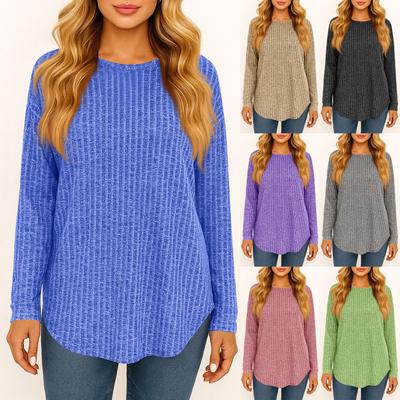 Damen Modisches Einfarbiges Rundhals Langarm Locker Sitzendes Pullover T-Shirt Top