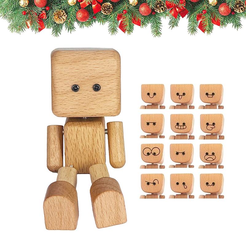 

Christmas Shaking Wooden Man, Shaking Wooden Man Figurine With 12Pcs Magnetic Expressions, Charming Little Wood Figure