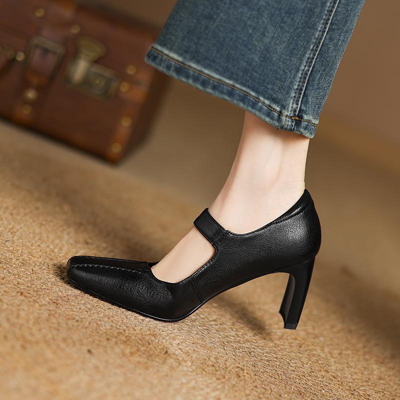 Fashion 2025 New Fashion Women Pumps Shoes Chunky High Heels Spring Mary Jane Summer Square Toe Casual Shoes Woman Black Size 34-40