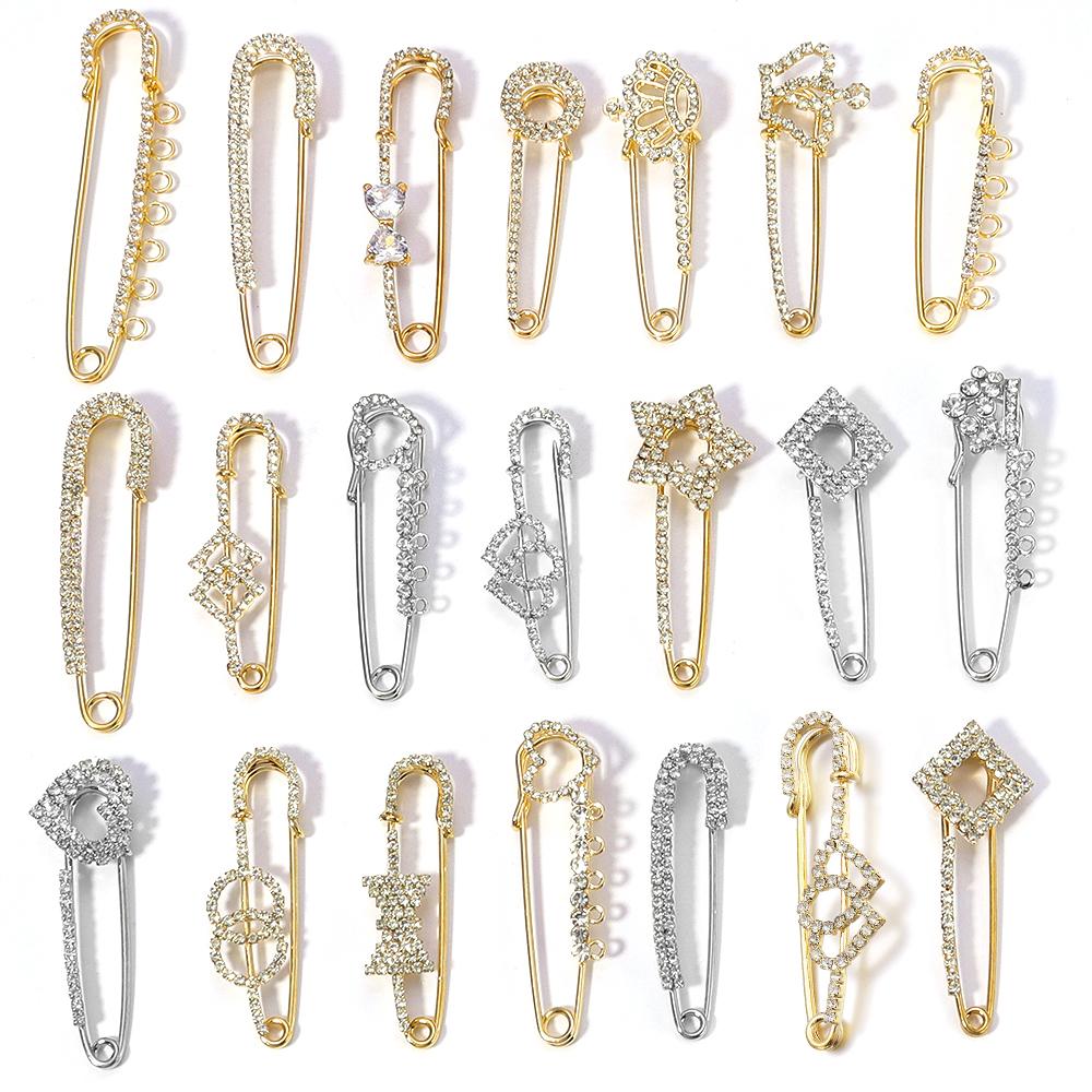 2pcs/Lot Alloy Rhinestone Brooch Pins Gold Silver Color Safety Fixed Brooches for Garment Decoration Jewelry Making