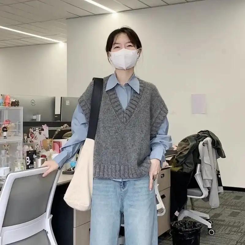 

Women Spring Autumn Lazy Style Knit Vest Set With Single Breasted Shirt Korean Fashion Two Piece Outfit S синій