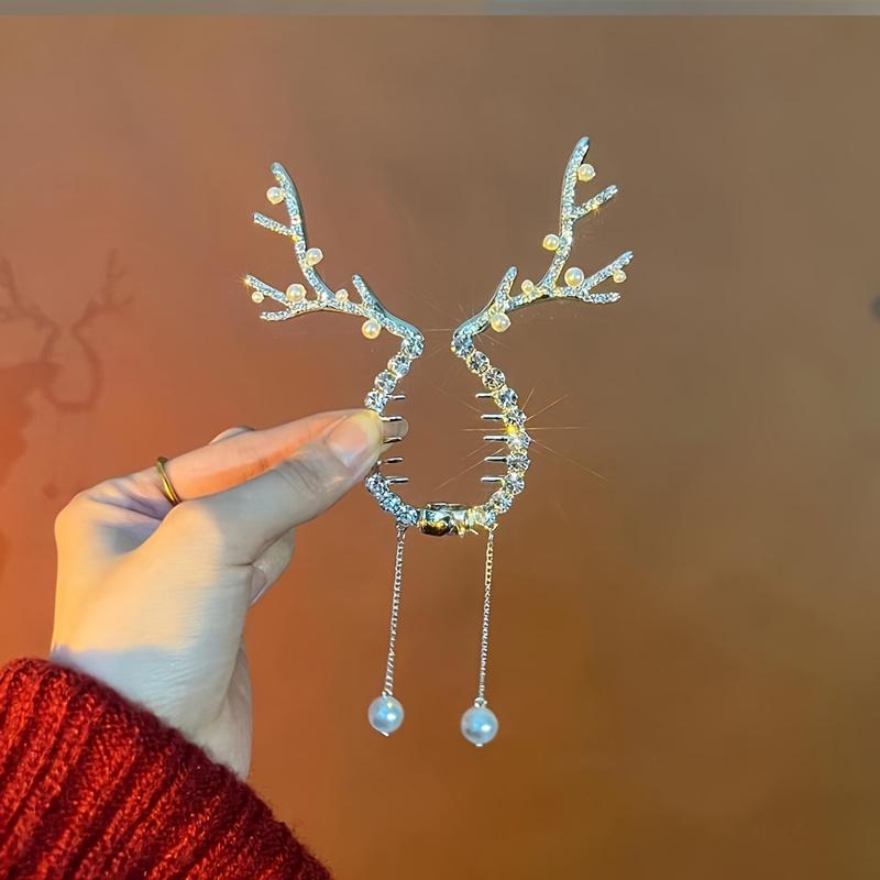 Reindeer Horn Hairpin with Rhinestone Red Berry Detail Festive Elegant for Women Teens Christmas Party Headwear