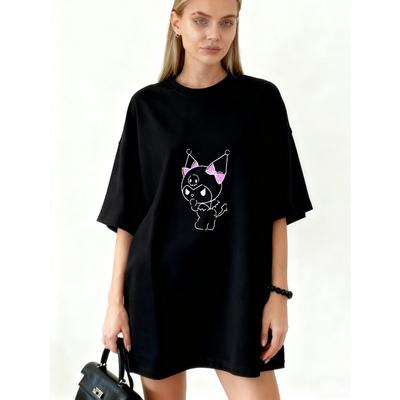 Oversized T Shirt Dress Black Cartoon Cat With Pink Ears And Bow Party Outfit Casual Wear For Women