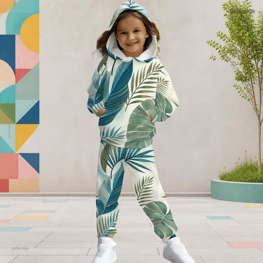 Girls Tropical Leaf Printed Hooded Long Sleeve Kangaroo Pocket Top Cuffed Pants Two Piece Set