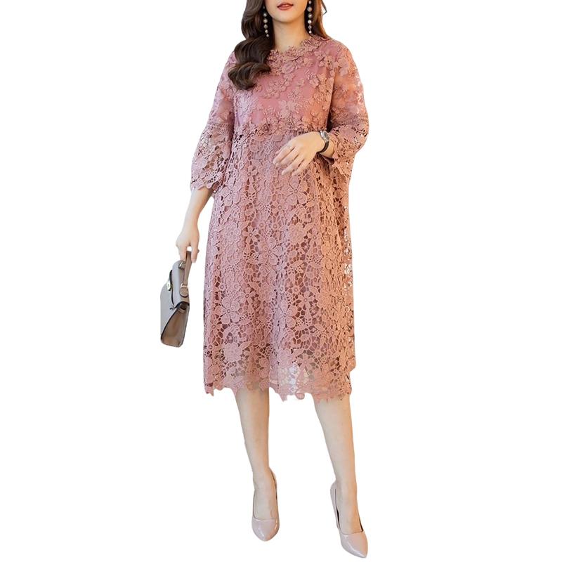 

ZANZEA Women Round Neck 3/4 Sleeve Casual Elegant Lace Dress 2XL розовый