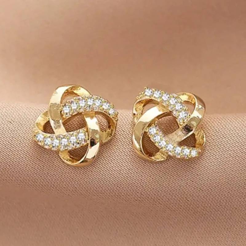 Huitan Elegant Gold Color Stud Earrings Cross Knot Design Women Party Wedding Stylish Accessories Chic Wedding Jewelry with CZ